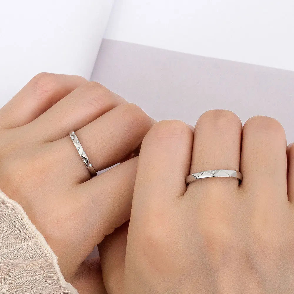 Couple 925 Sterling Silver Triangle Crystal Zircon Bridal Wedding Rings