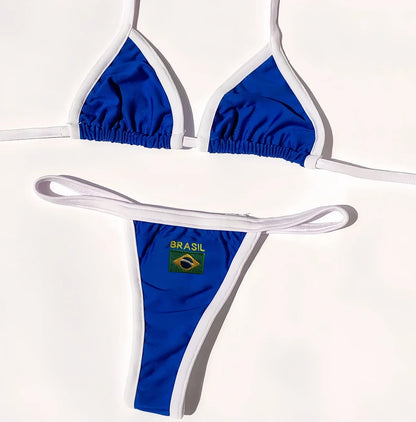 Women Swimwear Swimsuit Two-pieces Brazil Flag Bathing G-string Thong Brazilian Bikini Suit