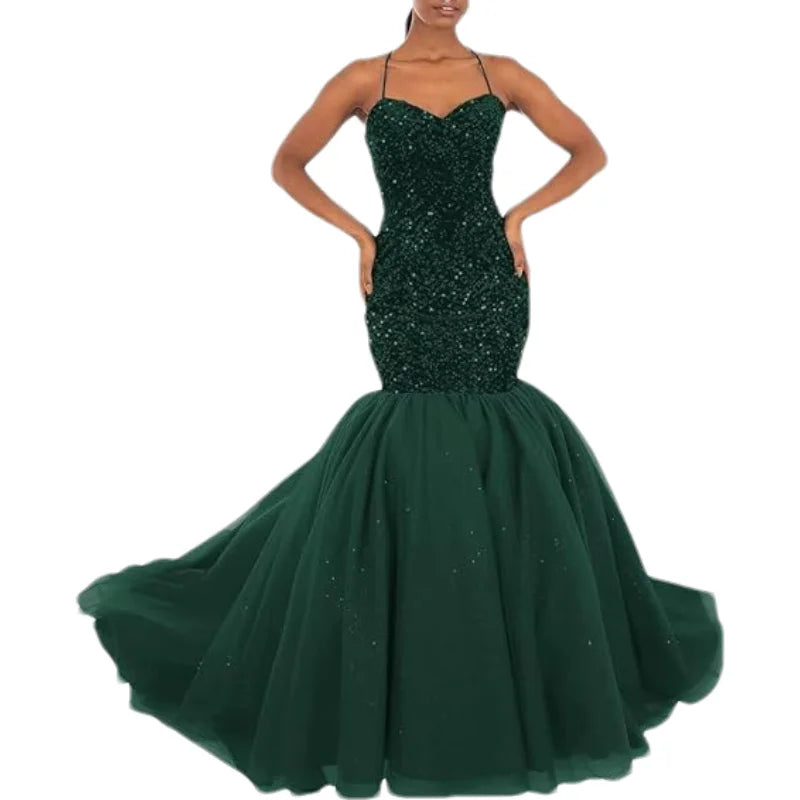 Sparkly Sequin Prom Women Long Tulle Halter Ball Gown Sleeveless Mermaid Formal Evening Party Dress