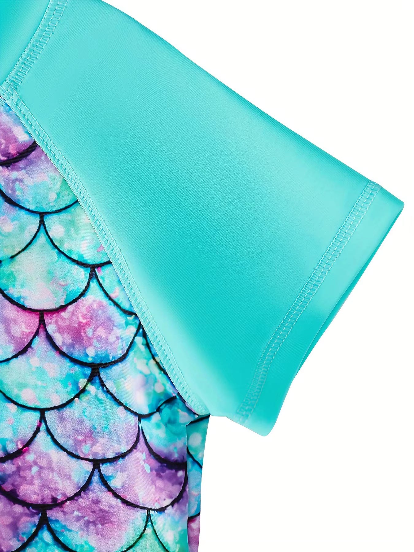 2pcs Kids Girls Mermaid Scale Print Short Sleeve Rash Guard Tops Boyleg Shorts Swimwear Suit
