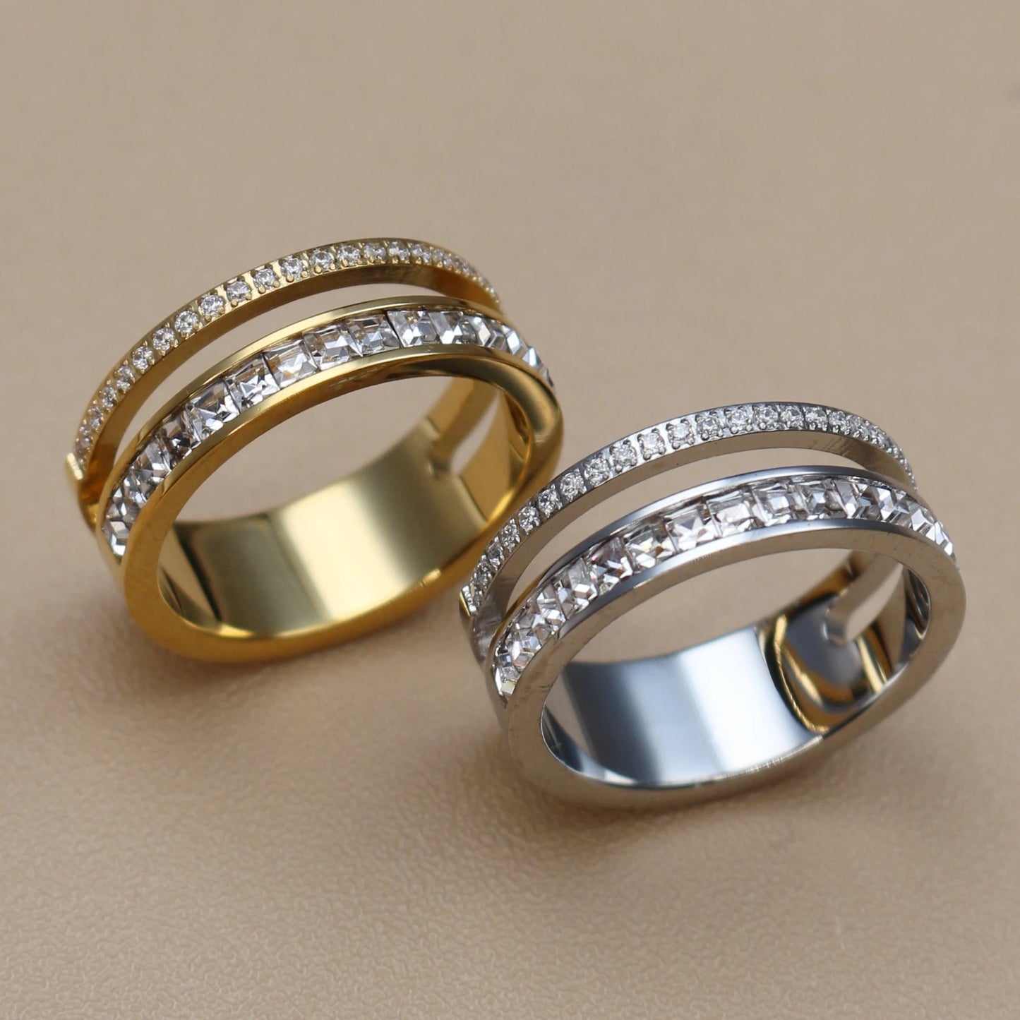 Women 18k Gold Color Cubic Zircon Stainless Steel Fashion Crystal Wedding Party Ring