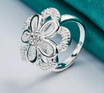 925 Sterling Silver Big Flower Zircon Women Man Fashion Wedding Engagement Party Charm Ring