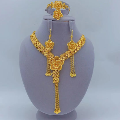 Italian 24K Gold Color Women Ethiopian Dubai Flower Wedding Necklace Bracelet Earring Ring Sets
