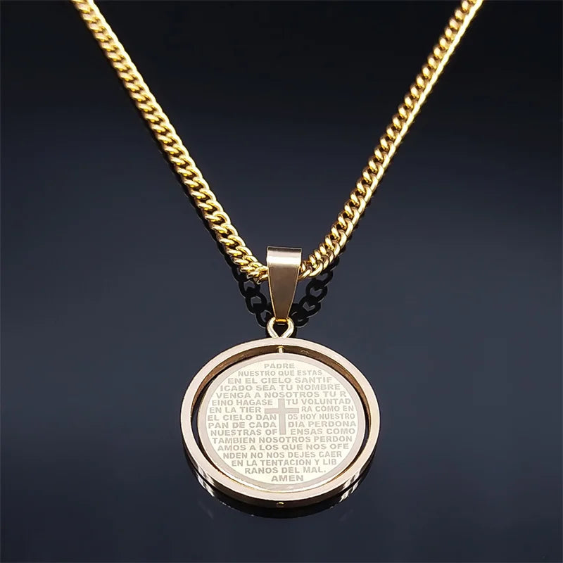 Stainless Steel Spanish Religious Christian Bible Lords Prayer Cross Pendant Necklace