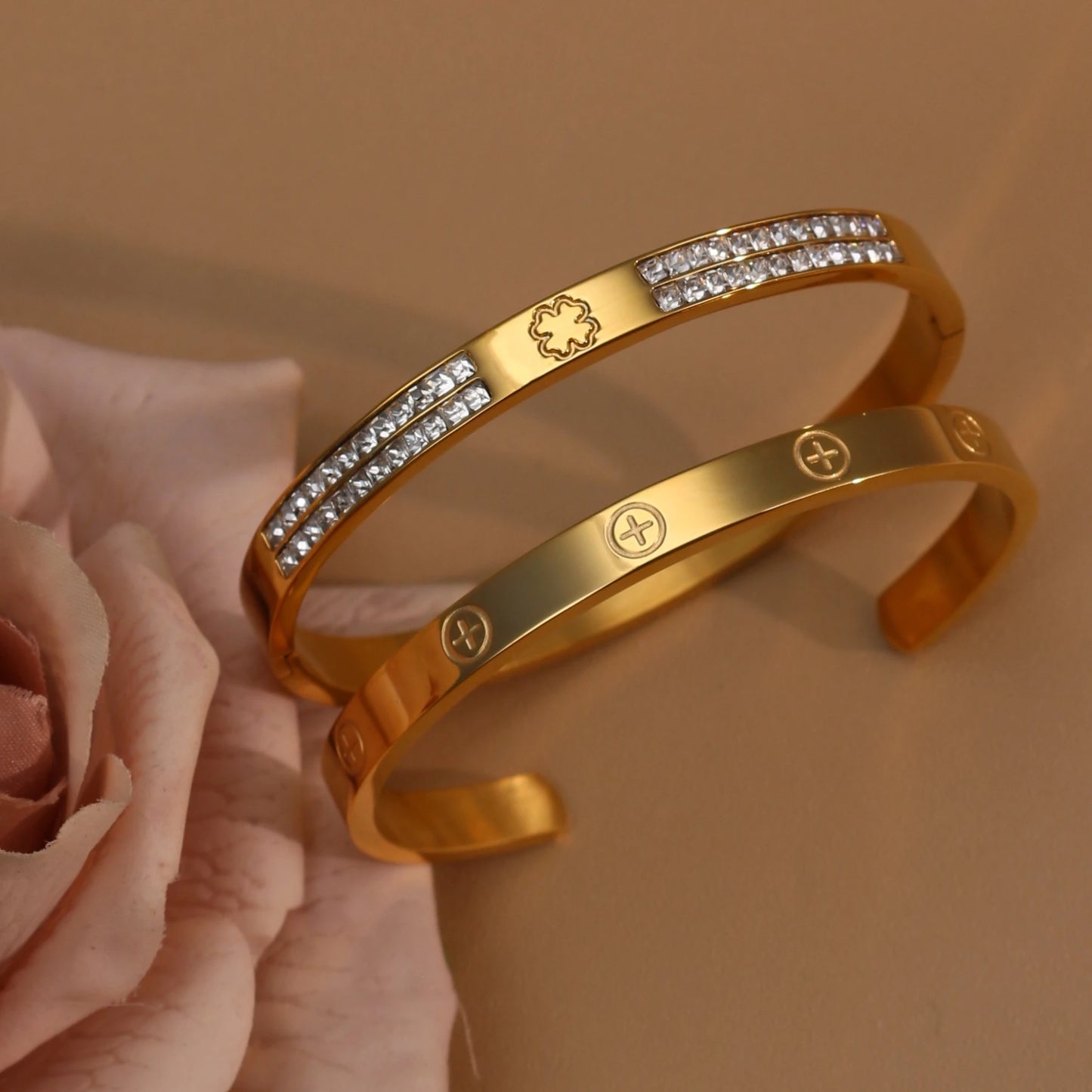 18K Gold-Plated Cross Screwdriver Stainless Steel Zircon Bangle Bracelet Women's Jewelry
