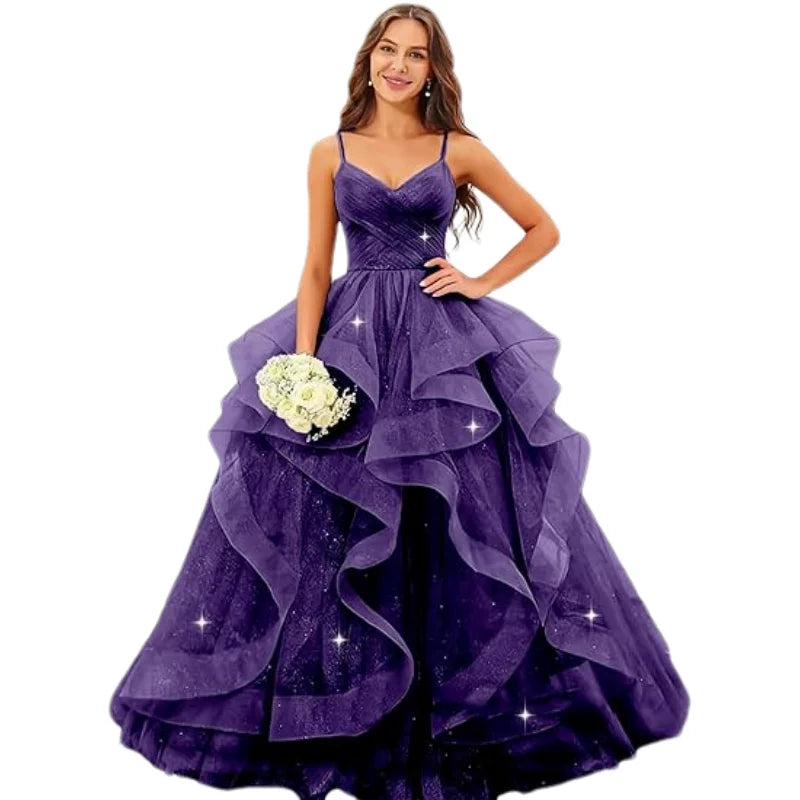 Sparkly Tulle Long Prom Spaghetti Straps Ball Glitter Tulle A-line Formal Evening Party Gown Dress