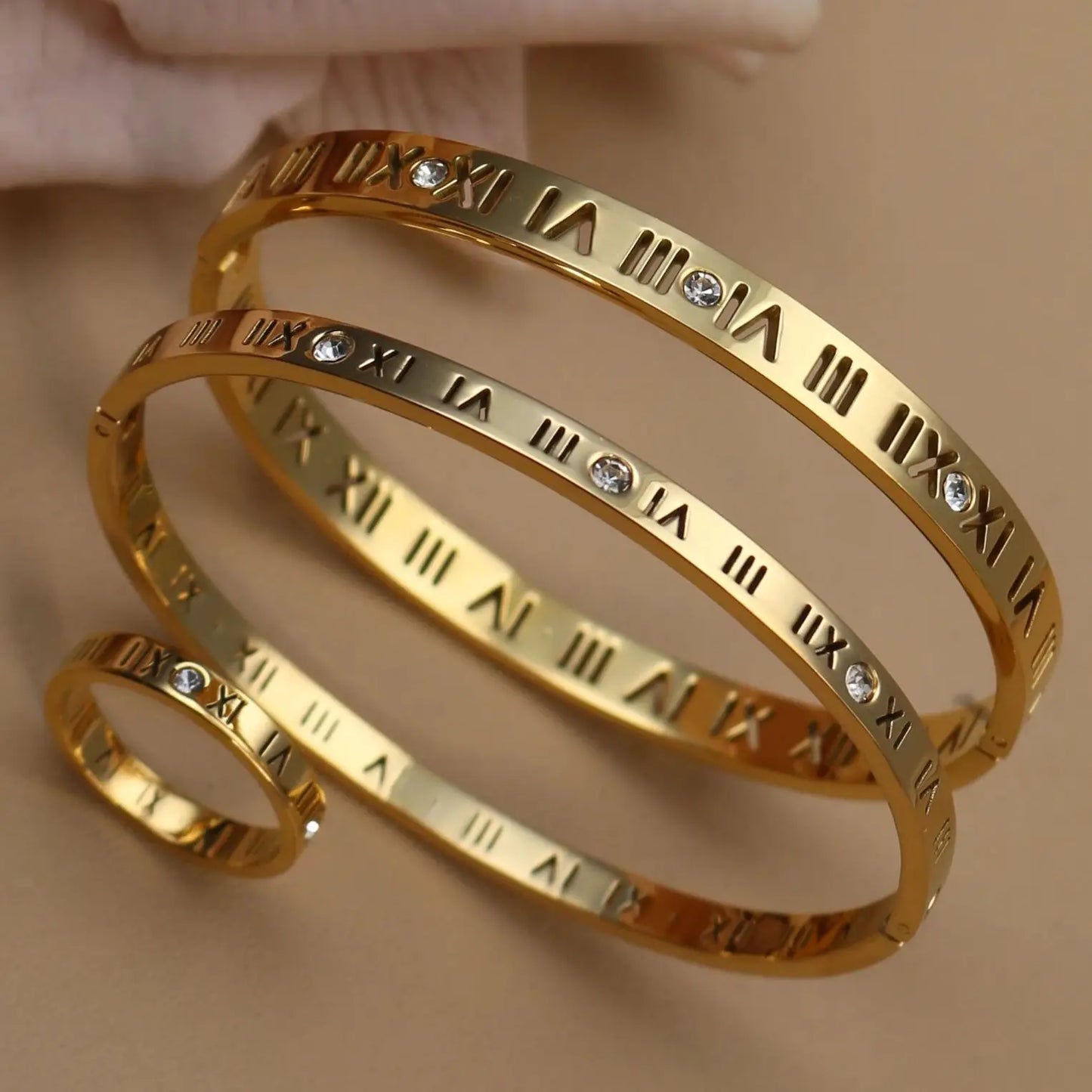 Stainless Steel 18K gold plated Roman Numeral Bracelet Bangles Ring 2-in-1 Jewelry