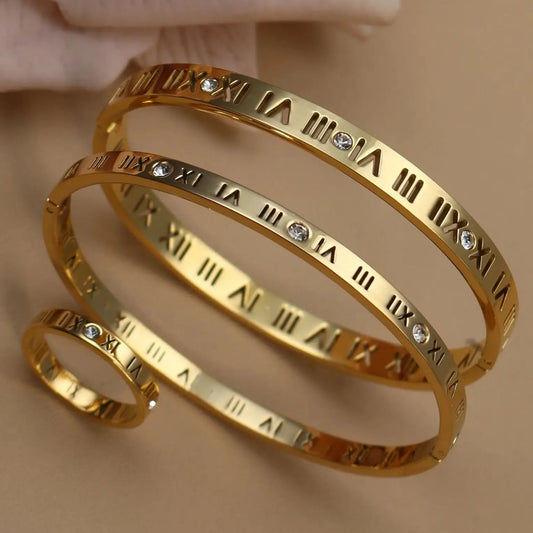 Stainless Steel 18K gold plated Roman Numeral Bracelet Bangles Ring 2-in-1 Jewelry
