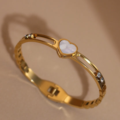 Luxury Heart-Shaped Shell Zircon Design 18K Gold-Plated Stainless Steel Bracelet Bangles