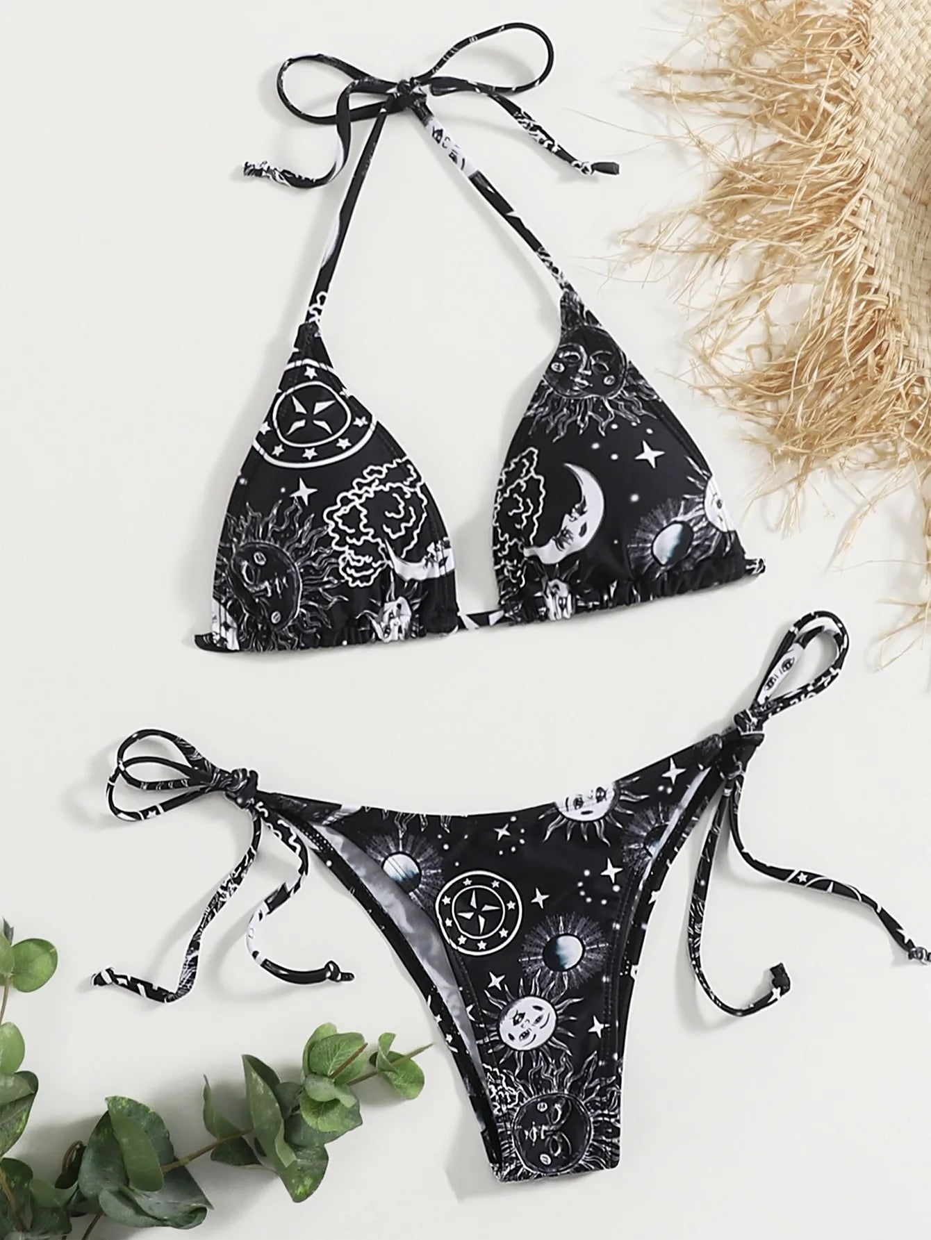 2pcs sexy gothic print triangle high waist thong Swimwear Set