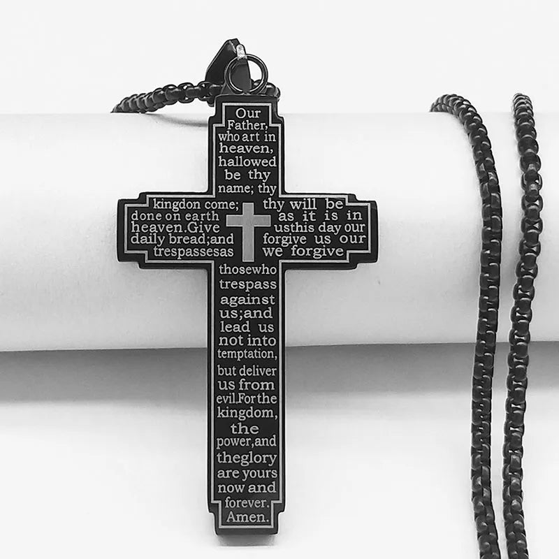 Men Stainless Steel Christian Bible Cross Religious Prayer Chain Big Pendant Necklace