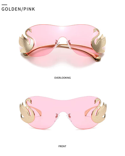 Y2k Women Fashion Swan Inlay Gradient Lens Shades Oversized Rimless Sunglasses Glasses