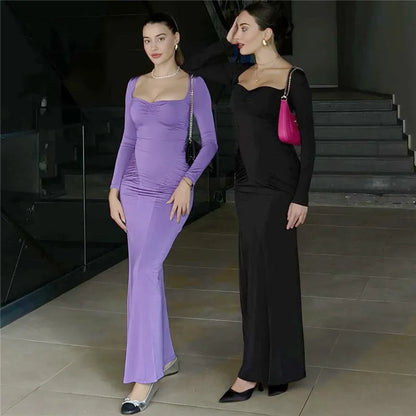 Women Square Collar Long Sleeve Long Gown Fashion Elegant Solid Bodycon Maxi Dress