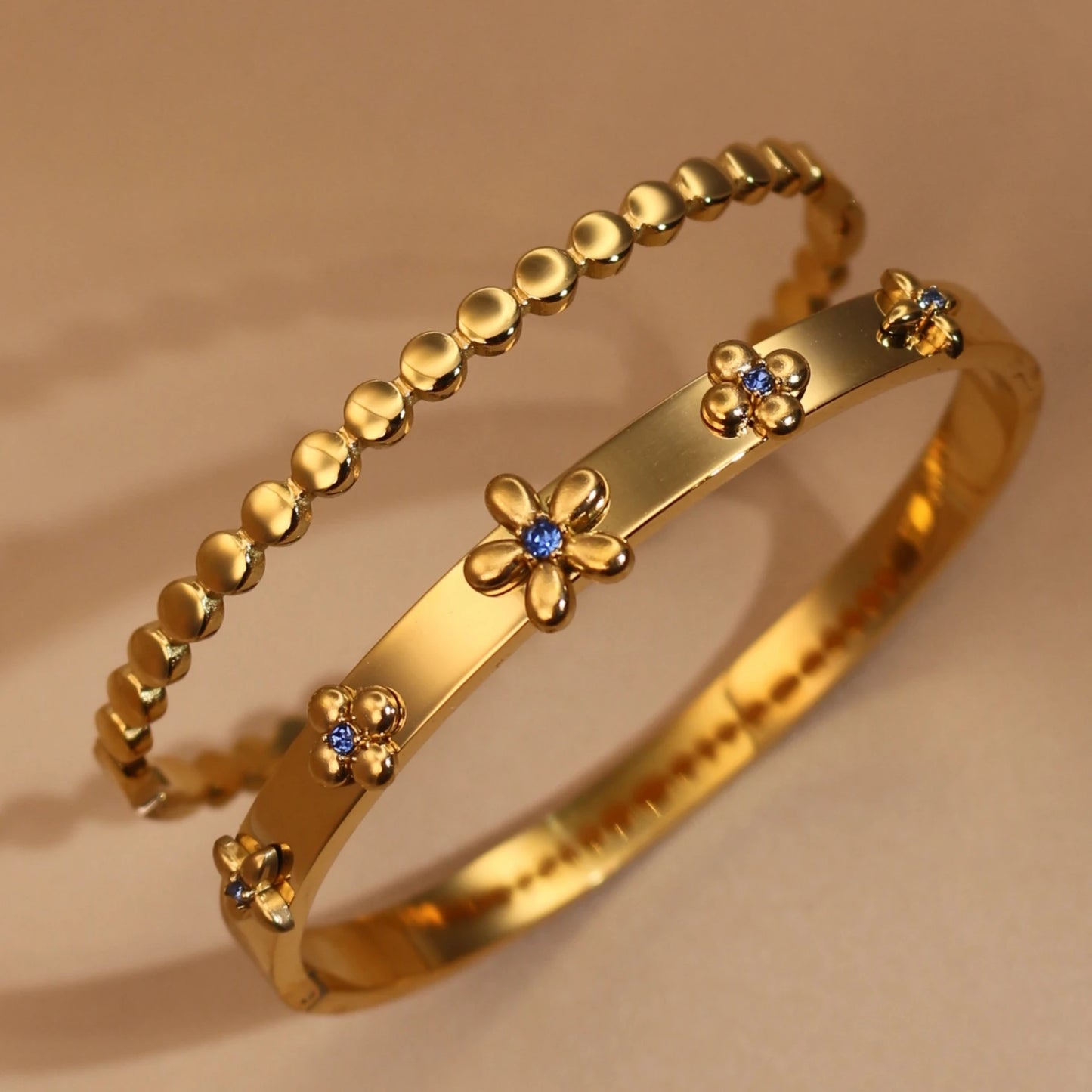 New Floral Blue Zircon Lentil Design 18K Gold Plated Stainless Steel Women's Bracelet Jewelry