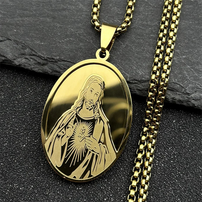 Men Stainless Steel Hip Hop Virgin Mary Medal Our Lady of Guadalupe Pendant Necklace