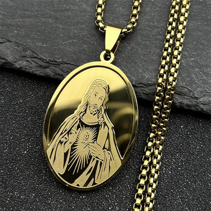 Men Stainless Steel Hip Hop Virgin Mary Medal Our Lady of Guadalupe Pendant Necklace