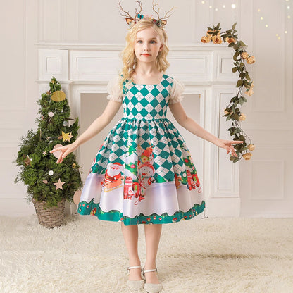 Girls Kids New Year Party Santa Claus Snowman Print Cosplay Costume Xmas Princess Theme Party Dress