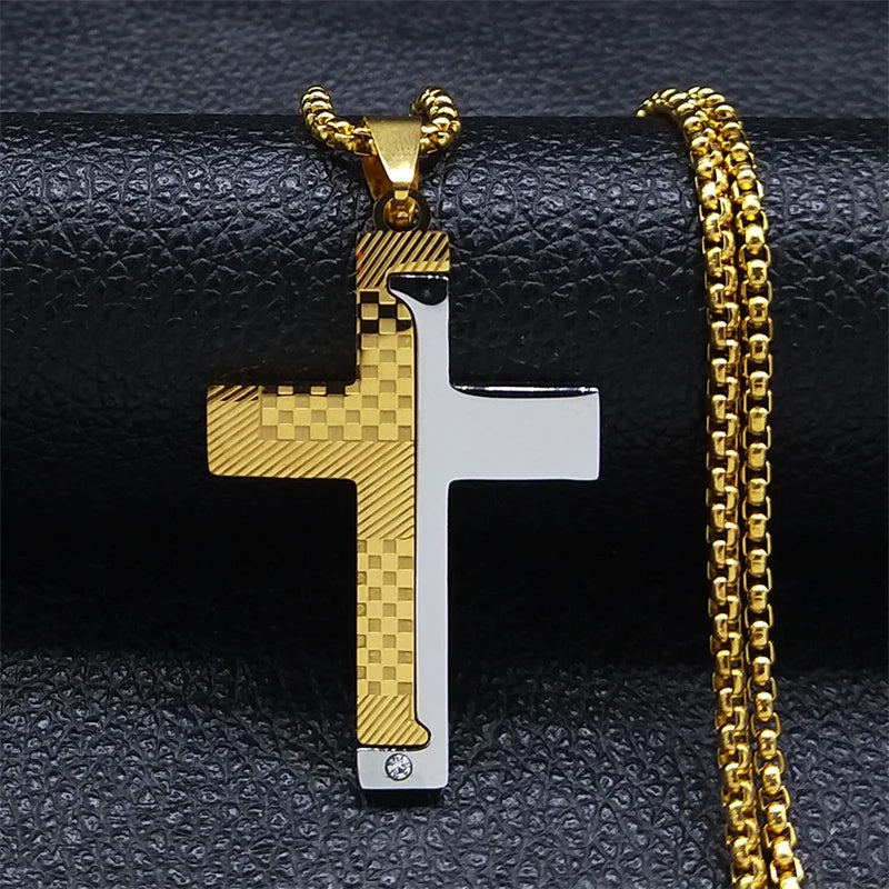 Men Stainless Steel Gold Color Bible Amulet Cross Christian Church Prayer Necklace