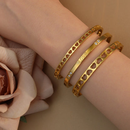 18K Gold-Plated LOVE Stainless Steel Zircon Openwork Bangle Bracelet Women's Jewelry