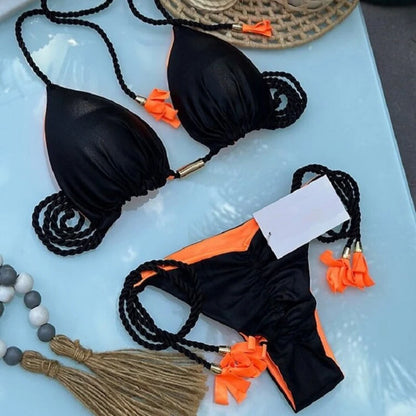 Sexy Separate Triangle Pure Color Rope Weaving Multicolor Bikini Swimsuit Suit