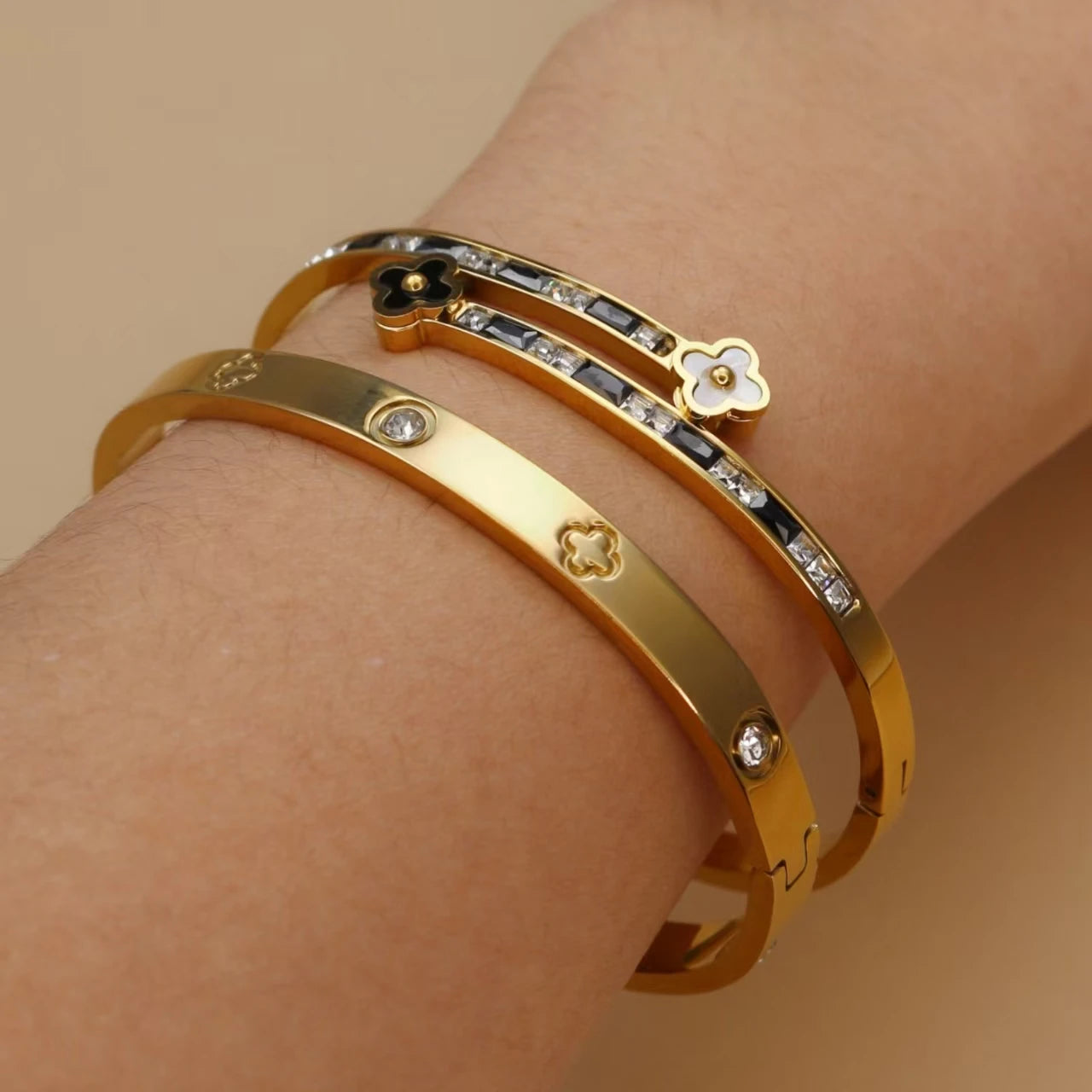 Stainless Steel Bangle Four-leaf Clover Crystal Design Stacking Bracelet Bangle