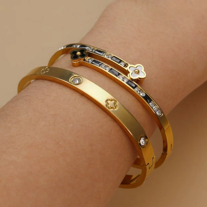 Stainless Steel Bangle Four-leaf Clover Crystal Design Stacking Bracelet Bangle