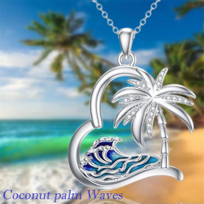 Women Creative Heart Shaped Wave Coconut Tree Pendant Necklace