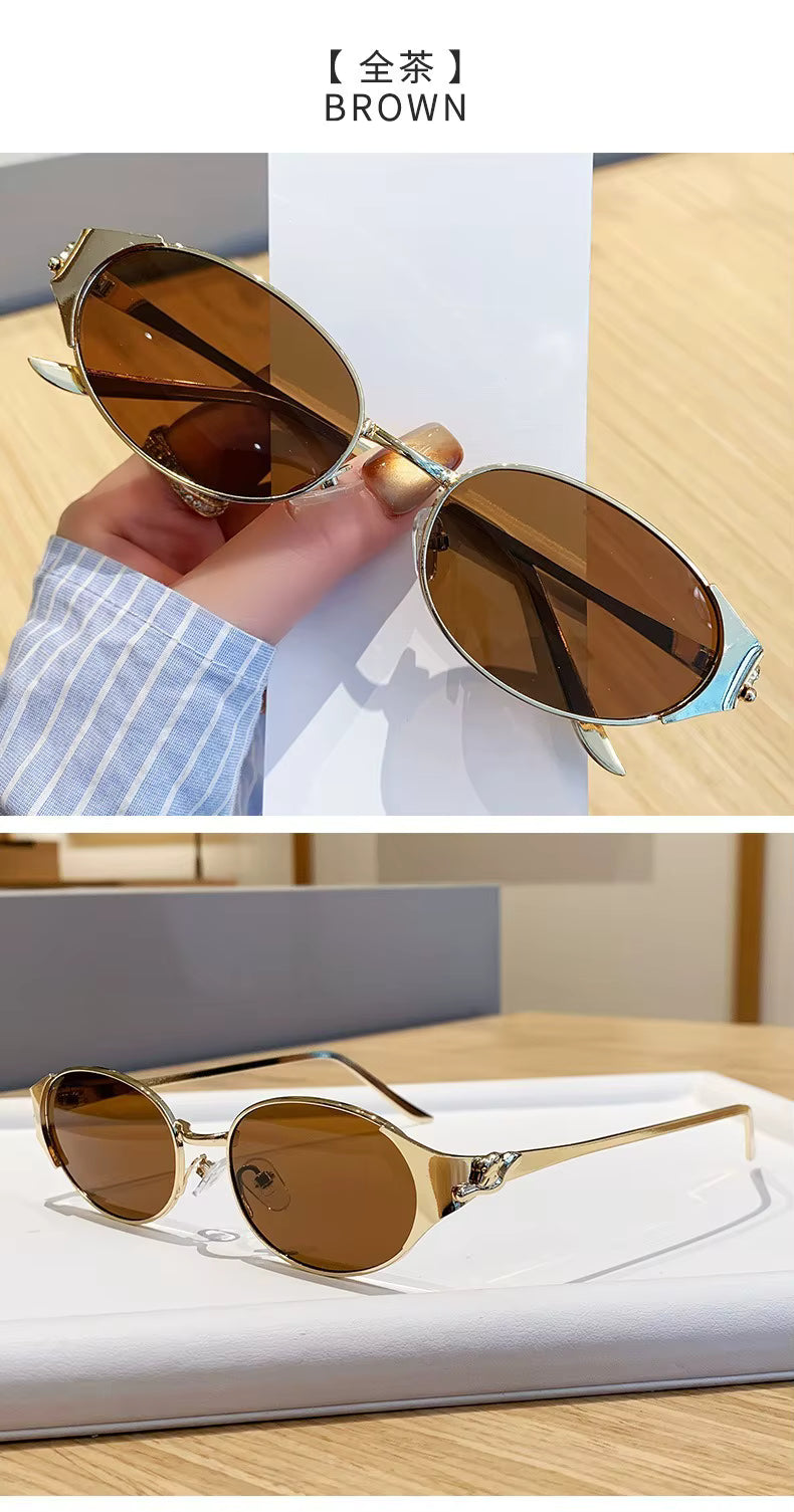 Women Metal Frame Oval Shades Fashion Designer Sunglasses Glasses