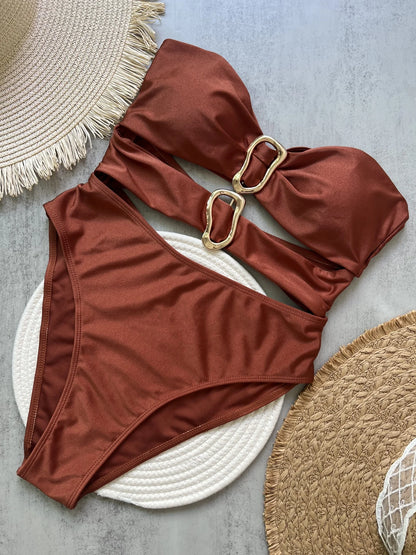 Sexy Strapless Hollow Out One Piece Women Beach Bikini Solid Backless Swimsuit