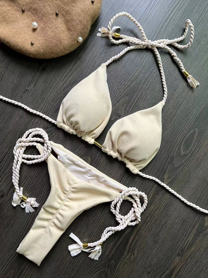 Sexy Braiding rope Bandage Bikini Swimsuit Two-piece Triangle Swimwear Bathing Suit Brazilian