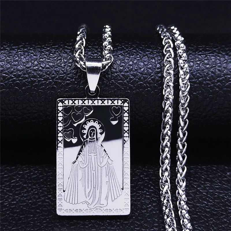 Men Stainless Steel Hip Hop Virgin Mary Medal Our Lady of Guadalupe Pendant Necklace
