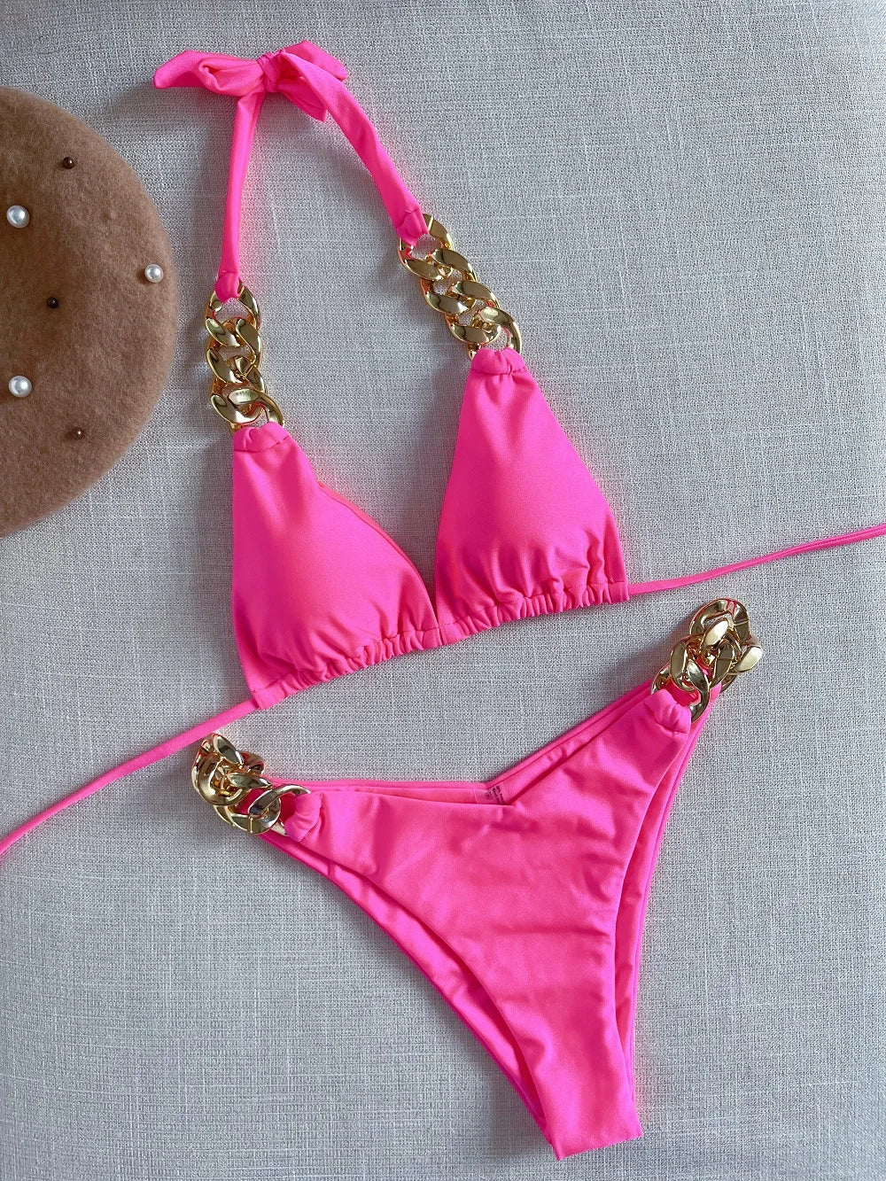 Sexy Triangle Solid Color Chain Decor Split Bikini Beachwear Brazilian Swimwear Bathing Suit