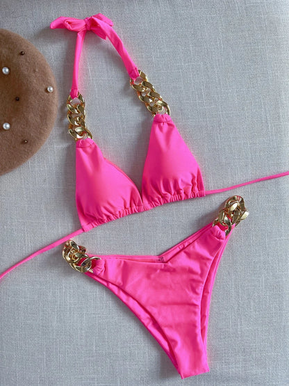 Sexy Triangle Solid Color Chain Decor Split Bikini Beachwear Brazilian Swimwear Bathing Suit