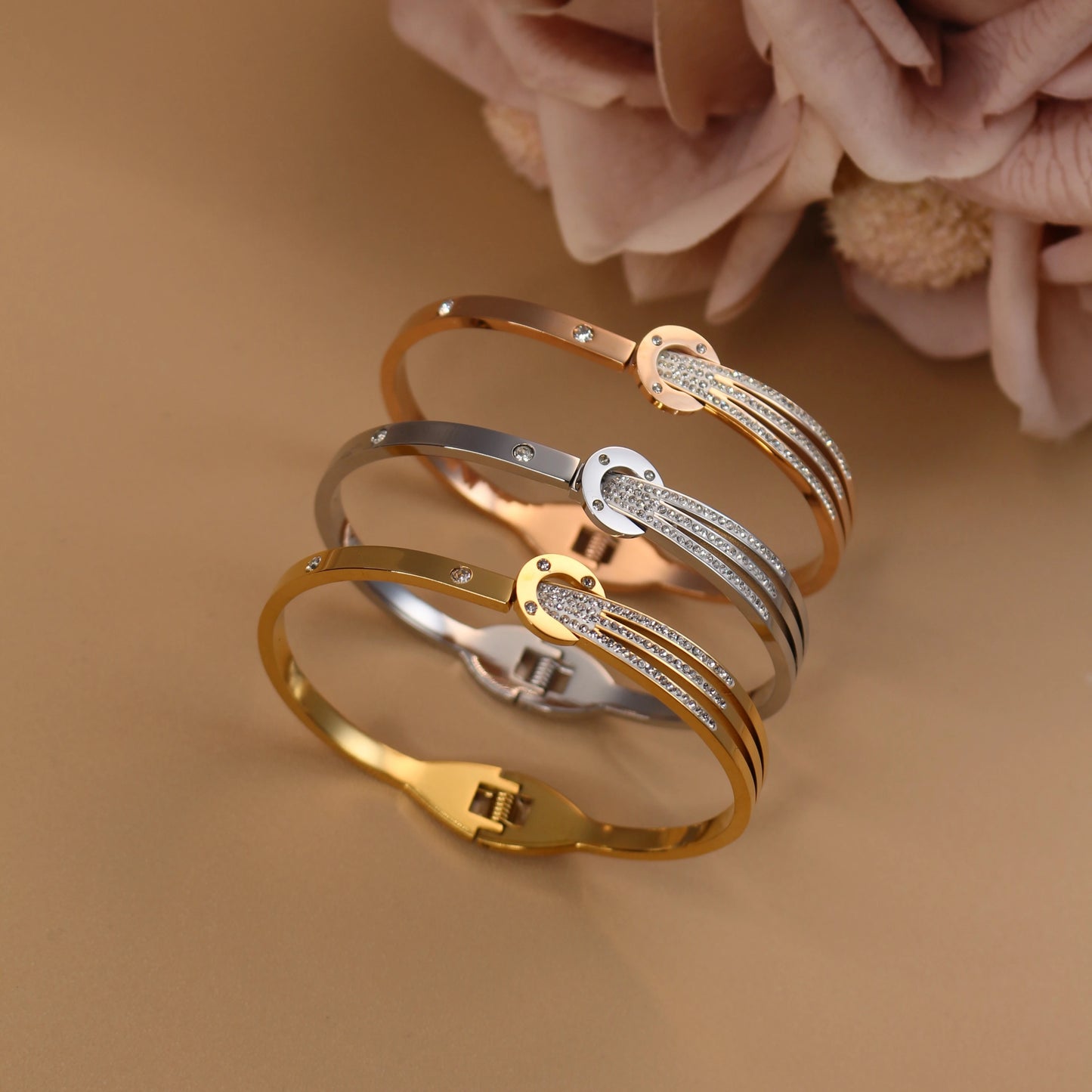Women 18k Gold Plated Crystal Hollow Open Stainless Steel Bracelet