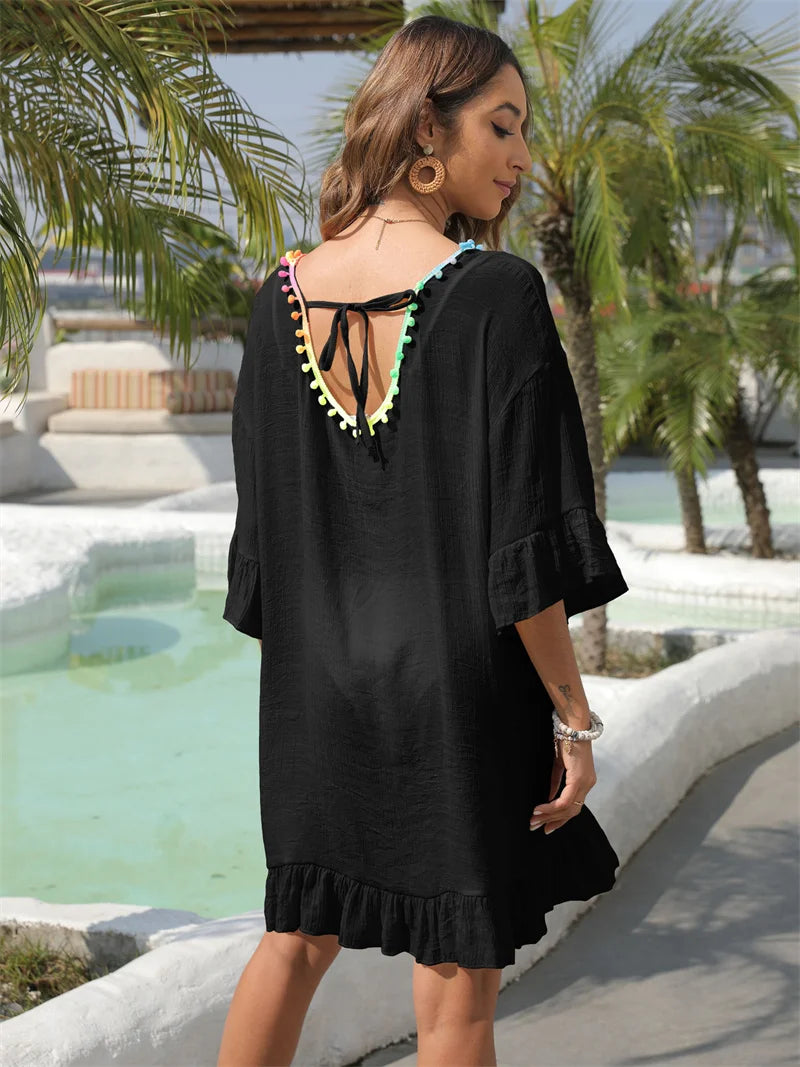 Women Colorful Ball Beach Tunic for Swimsuit Cover Up Fringe Half Sleeve Swim Coverup