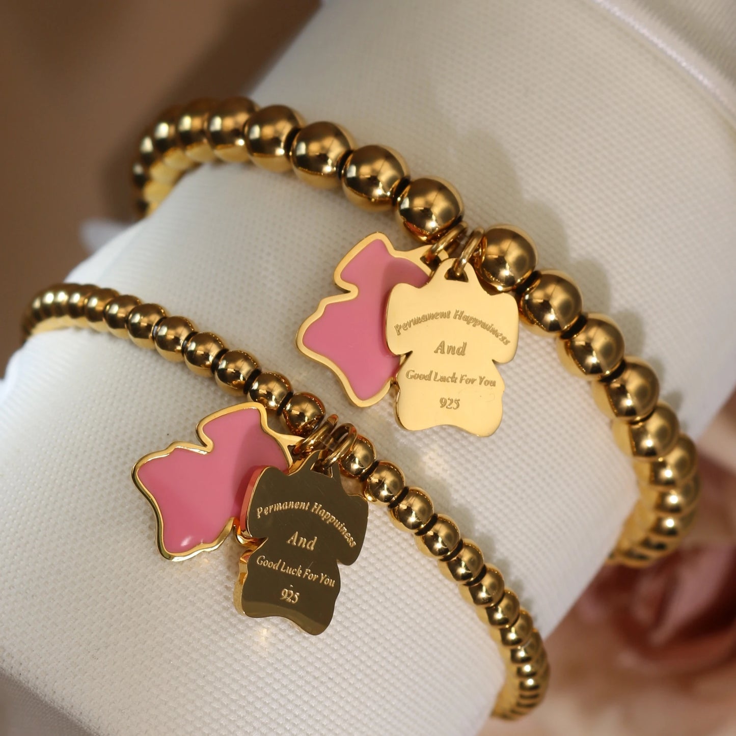 New Pink Elephant Pendant Elastic Bead Stainless Steel Bracelet 18 K Gold Plated Luxury Women's Jewelry Wholesale Gift