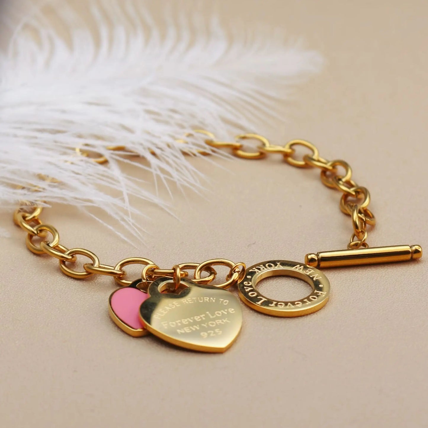 Fashion Stainless Steel Gold Color Double Heart Pendant Design FOREVER LOVE Bracelet Bangle
