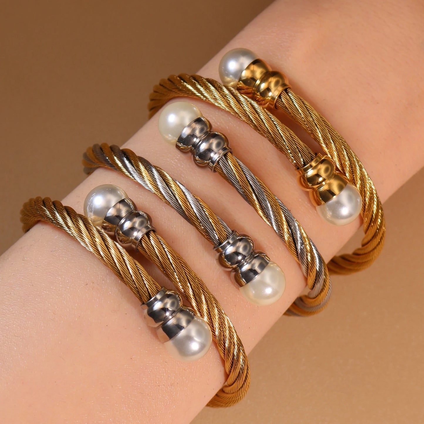 Women Fashionable Double Heart Stainless Steel Pearl Adjustable Bracelet Bangle