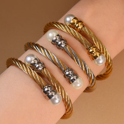 Women Fashionable Double Heart Stainless Steel Pearl Adjustable Bracelet Bangle