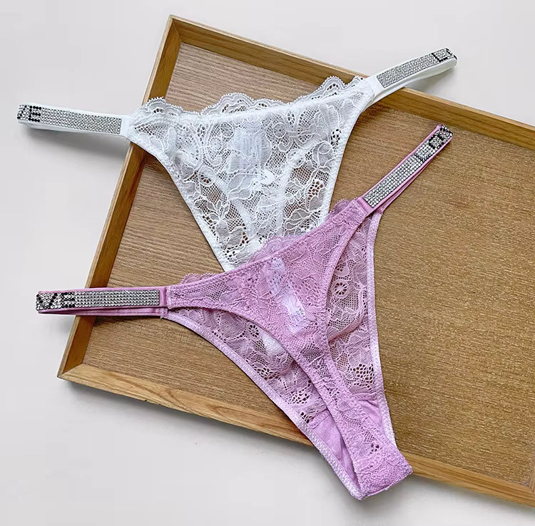 Women Lace Seamless Underwear Rhinestone G-String Thong Low Rise Panties Briefs