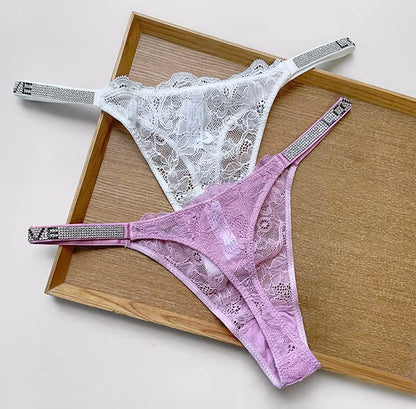 Women Lace Seamless Underwear Rhinestone G-String Thong Low Rise Panties Briefs