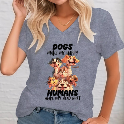 Dogs Make Me Happy Print Women Tee Tops T-Shirt