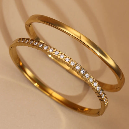 2-in-1 Women 18 K Gold Plated Zircon Stainless Steel Curved Bracelet Gift Bangle