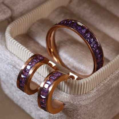 2-In-1 Women Rose Gold-Plated Stainless Steel Crystal Earrings Ring Jewelry Set