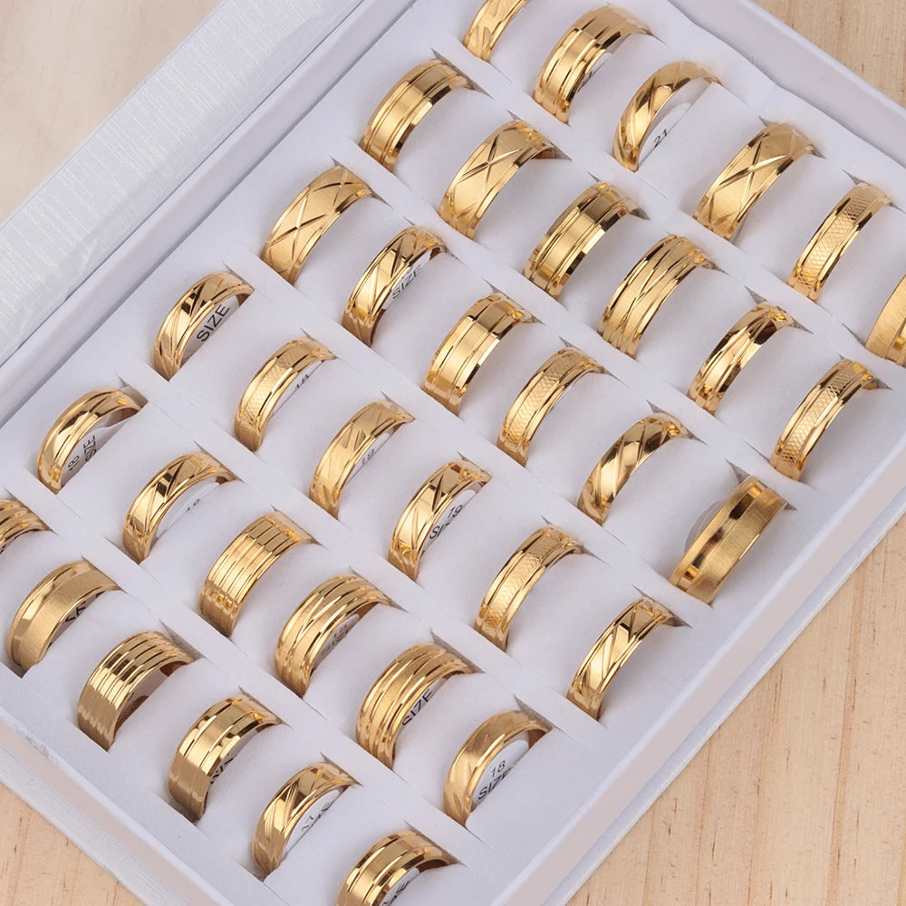 24pcs/lot Fashion Stainless Steel Stripe Gold Color Men Mix Stylish Rings