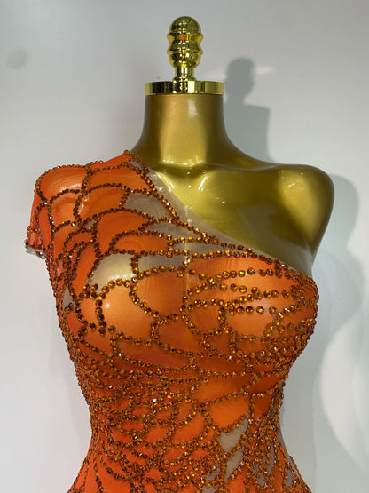 Women Sexy Mesh See Through One Shoulder Rhinestones Nightclub Evening Party Birthday Mini Dress