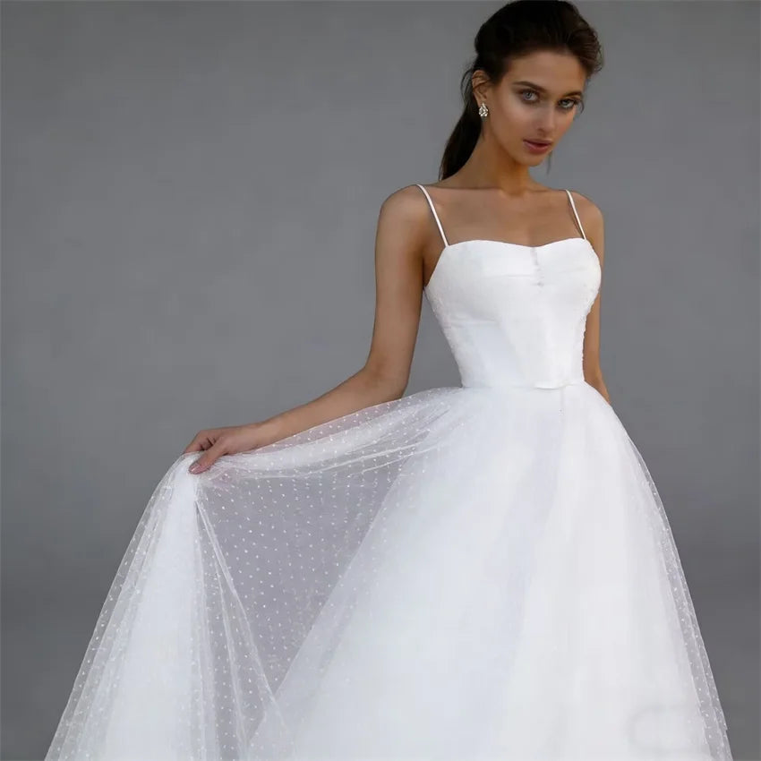 Simple Boho A-line Lace Tulle Spaghetti Strap Elegant Bride Long Bridal Wedding Dress