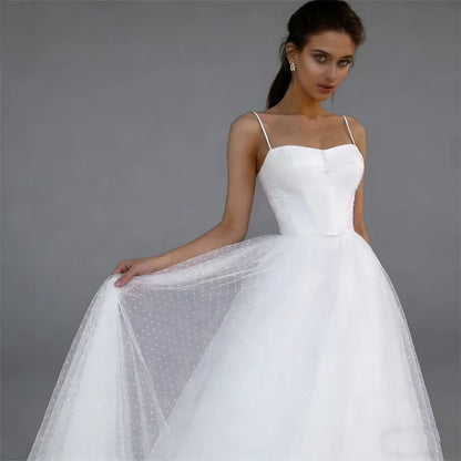 Simple Boho A-line Lace Tulle Spaghetti Strap Elegant Bride Long Bridal Wedding Dress