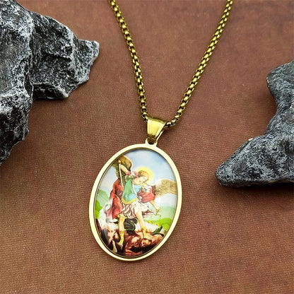 Women Men Stainless Steel Gold Color Christian Amulet SAINT MICHAEL PROTECT US Archangel Glass Medal Pendant Necklace