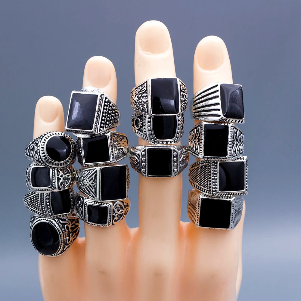 Wholesale Lots 20pcs Design Mix Black Enamel Stone Vintage Retro Punk Rings